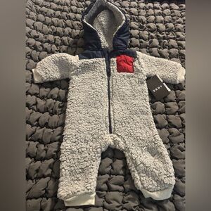 DKNY Light Gray Sherpa Baby One-Piece with Navy Hood and Red Pocket